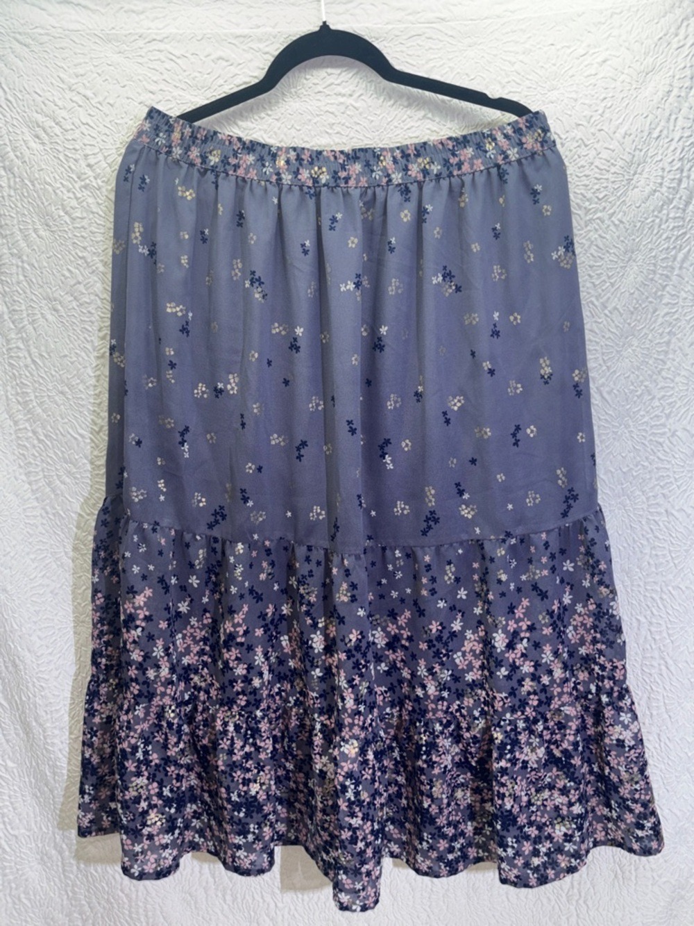 Studio West Tiered Ruffled Floral Print Sheer Overlay A-Line Midi Skirt